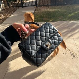 Chanel Lambskin Quilted Mini Top Handle Rectangular Flap Black